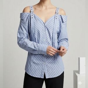 Fashion Nova Blue Striped Off-Shoulder Blouse